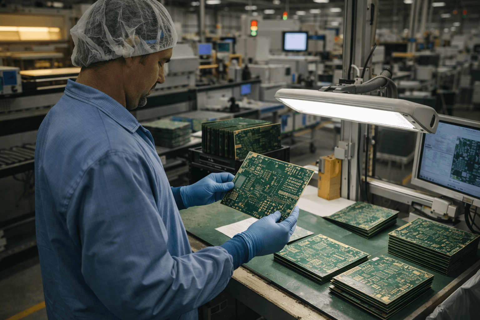 Technician inspecting finished printed circuit boards under a workstation light