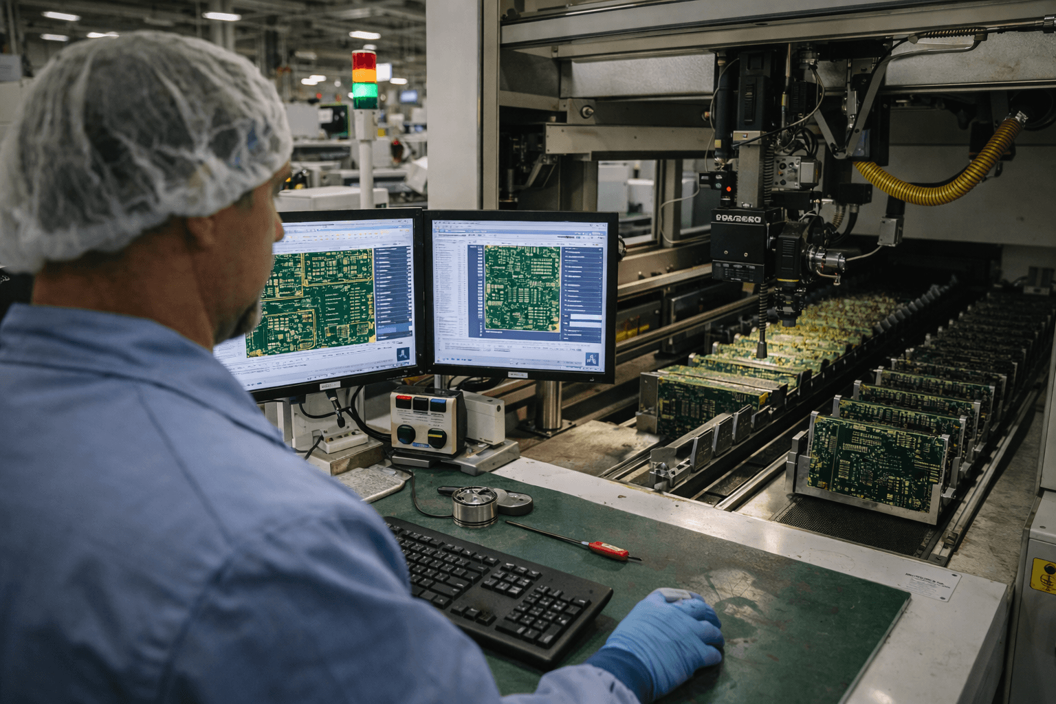 Operator monitoring automated PCB drilling and routing equipment