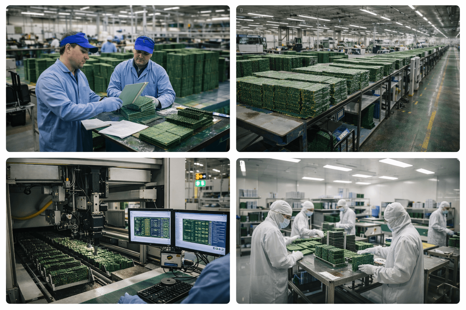 Collage of PCB factory production, inspection, drilling, and clean room assembly areas