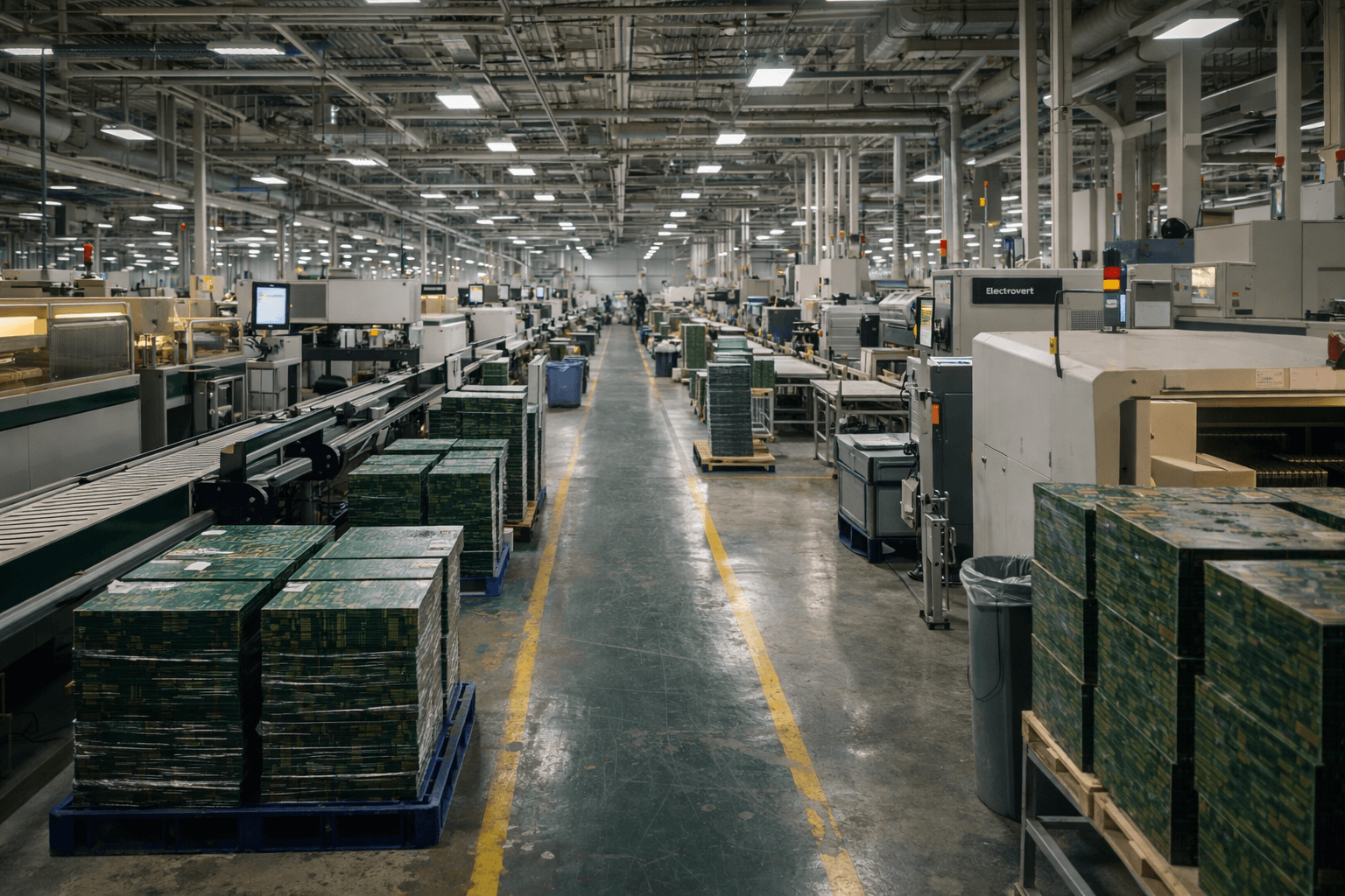 Wide view of CircFab PCB production floor with stacks of printed circuit boards and automated equipment