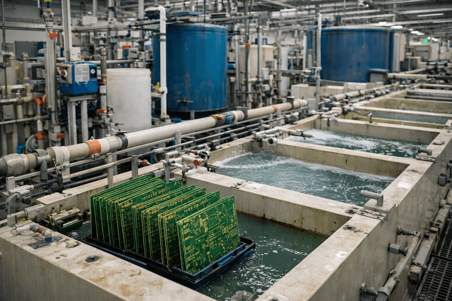 Printed circuit boards moving through wet process tanks in a PCB factory